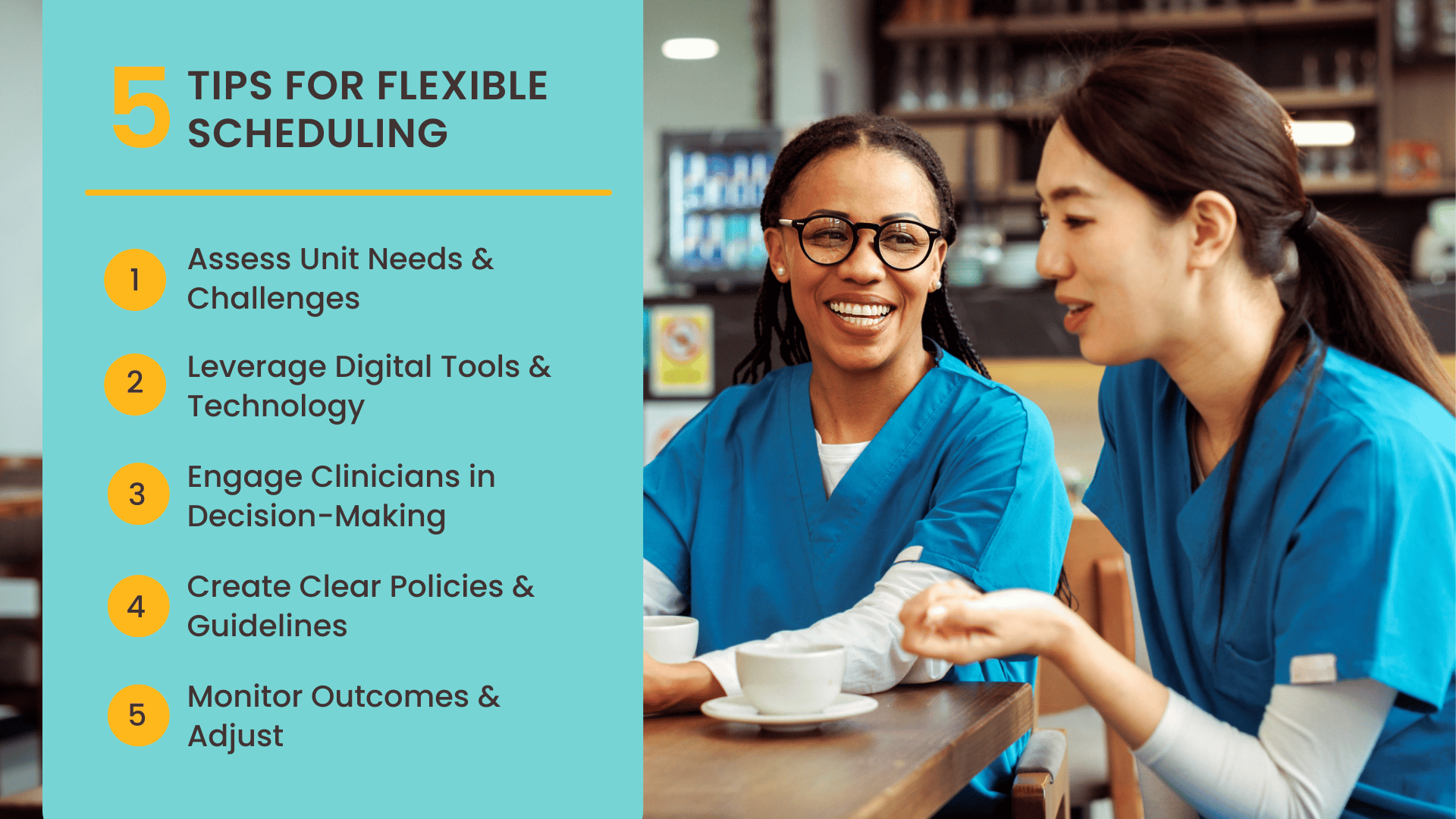 Two nurses having coffee in a hospital breakroom. A graphic overlay features five tips for nurse managers implementing flexible scheduling: assess unit needs and challenges, leverage digital tools and technology, engage clinicians in decision-making, create clear policies and guidelines, and monitor outcomes and adjust,