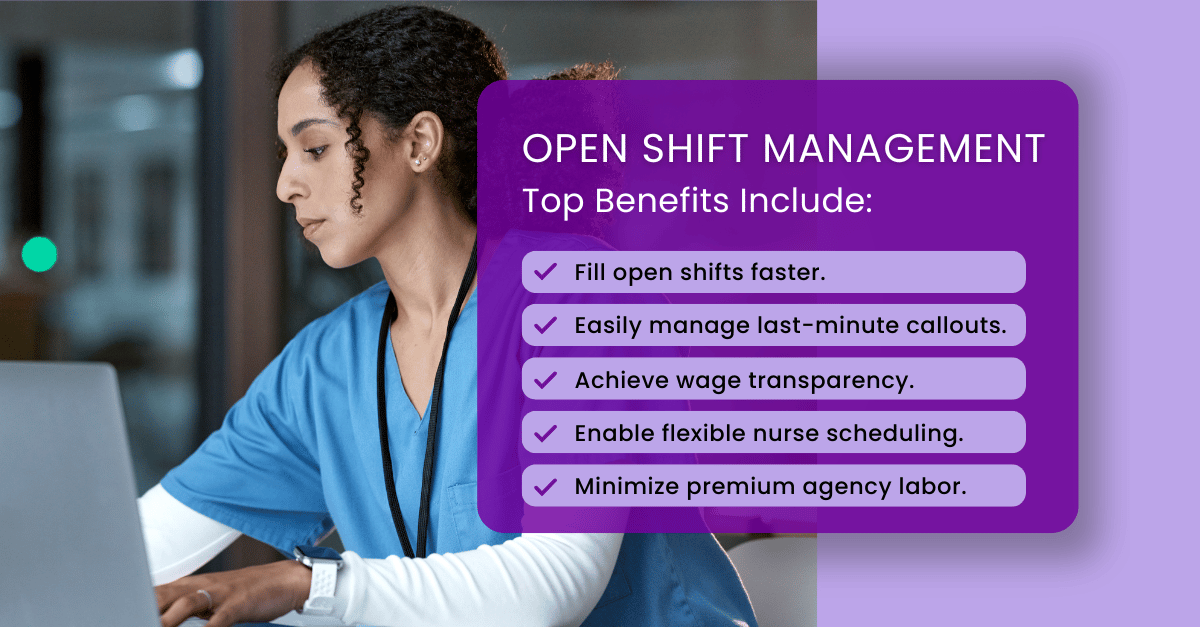 Nurse at a computer reviewing open shift management dashboard showing benefits of real-time nurse scheduling and shift optimization.