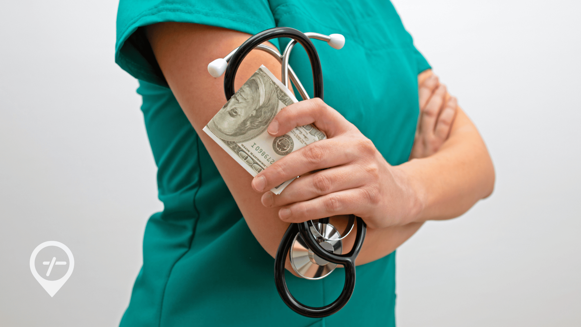 A registered nurse holding a stethoscope and cash, representing ShiftMed’s RN referral bonus paid through payroll.