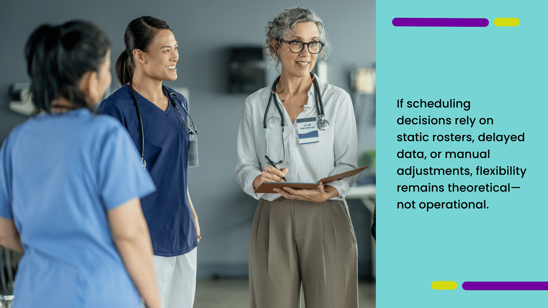 Chief nursing officer meeting with nurses to discuss nurse scheduling decisions and operational flexibility.