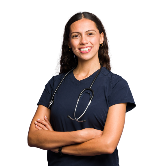 LatinX female nurse smiles at camera.
