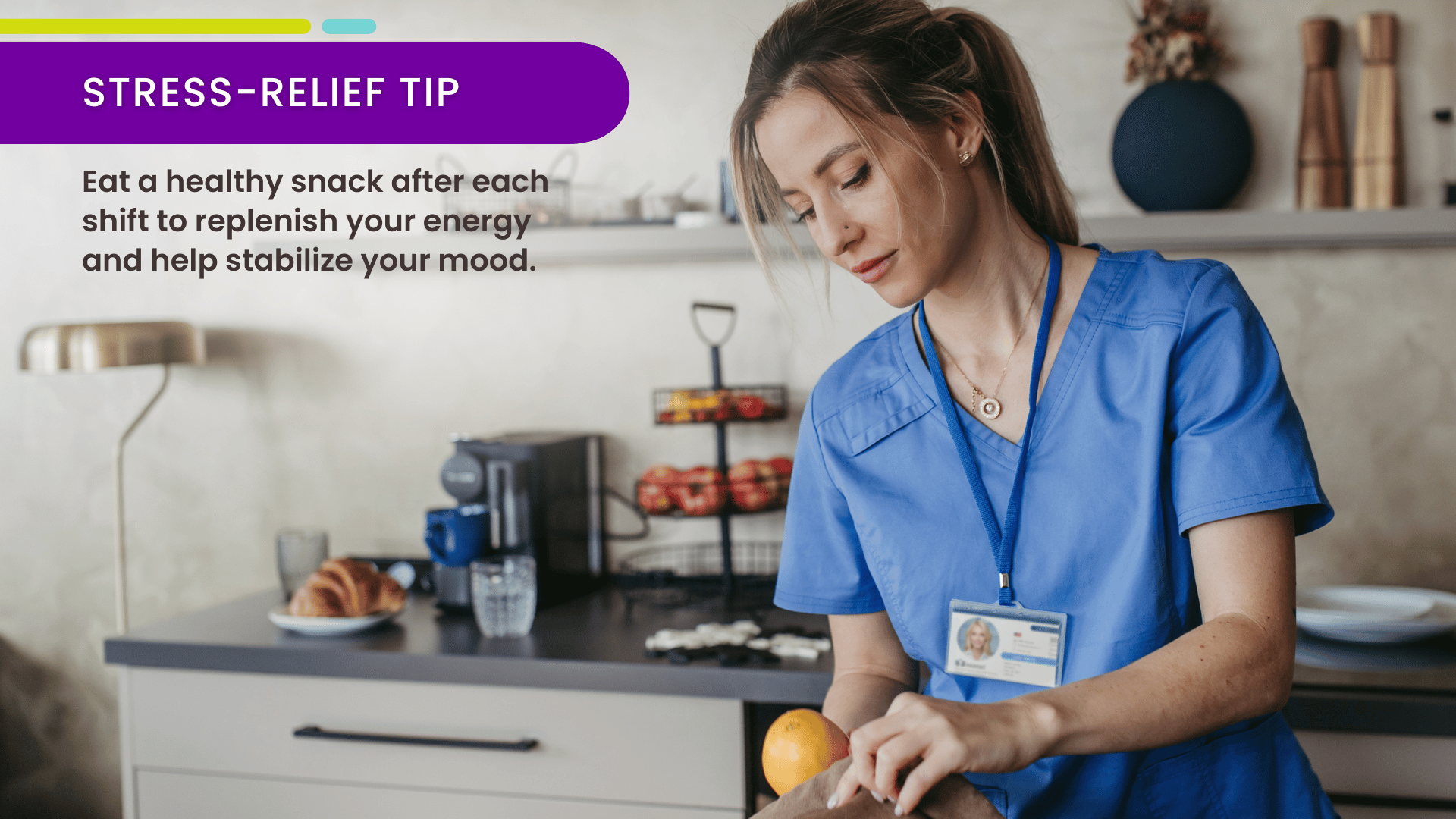 A nurse packs healthy snacks for her shift to refuel her energy and keep her mood steady throughout the day.