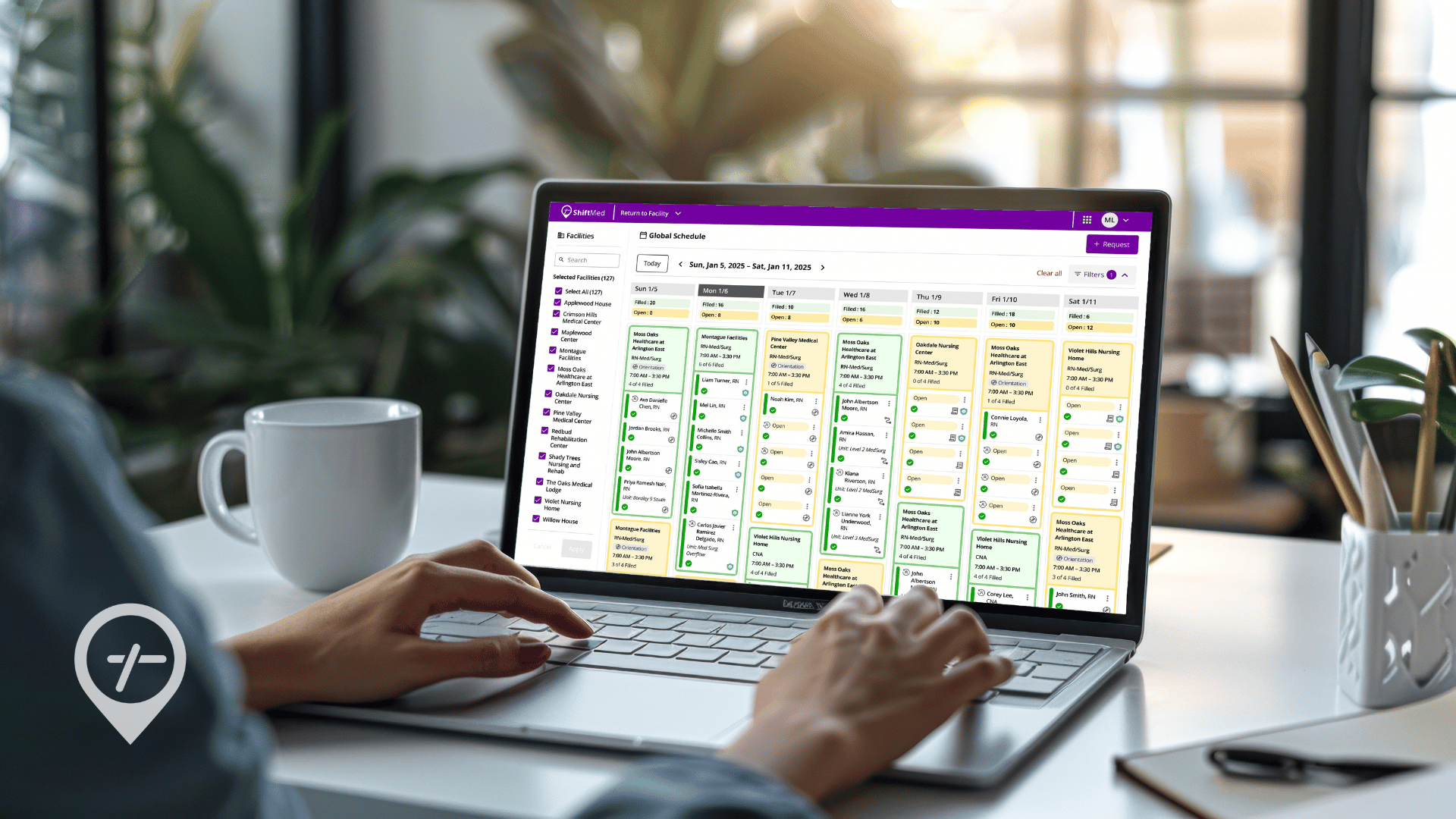 CNO reviewing ShiftMed workforce technology dashboard on computer to manage hospital clinician schedules and labor efficiency.