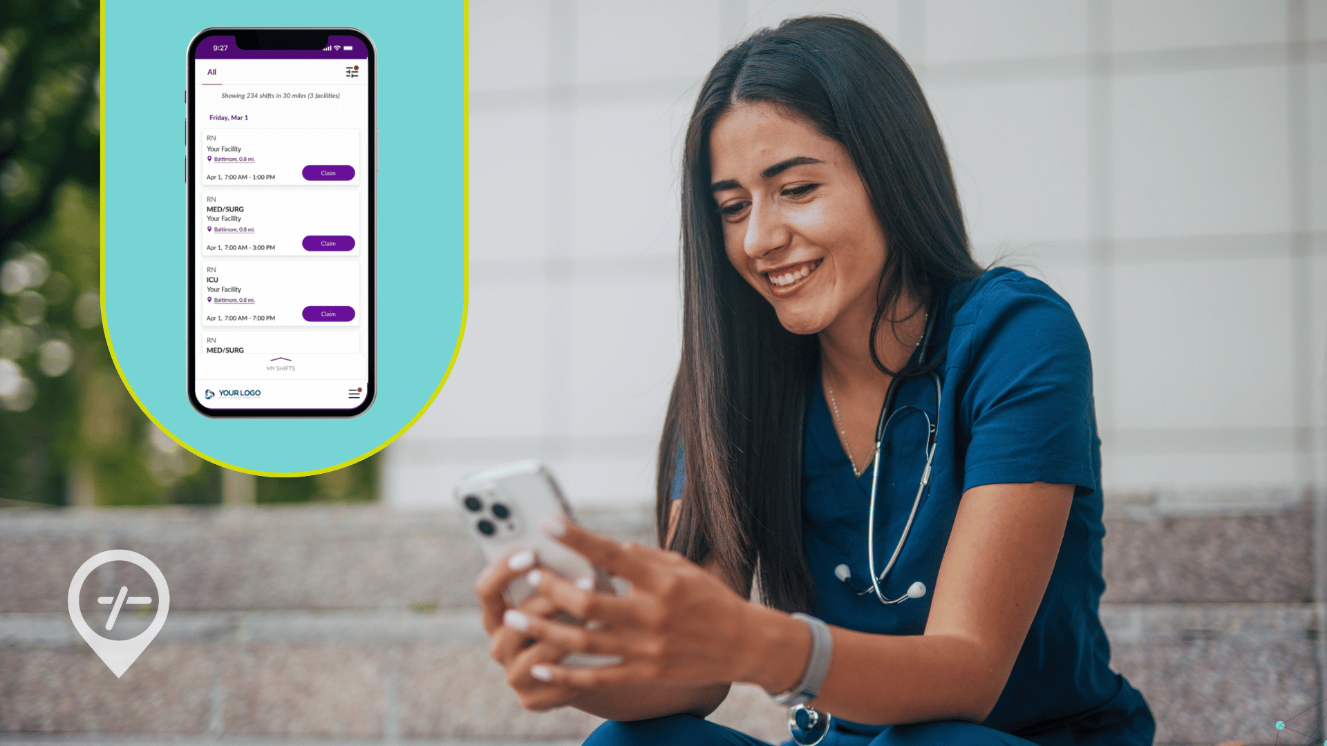 An image of a Gen Z nurse sitting on some stairs looking at flexible shifts on the ShiftMed app.