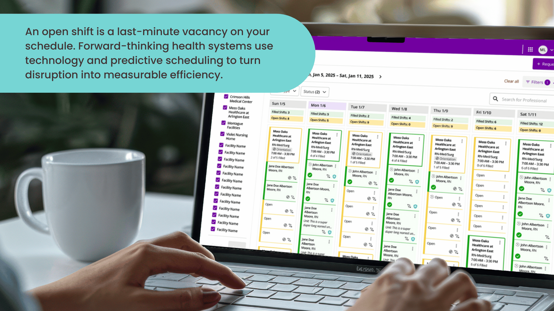 Healthcare executive reviewing open shift management dashboard to improve workforce efficiency