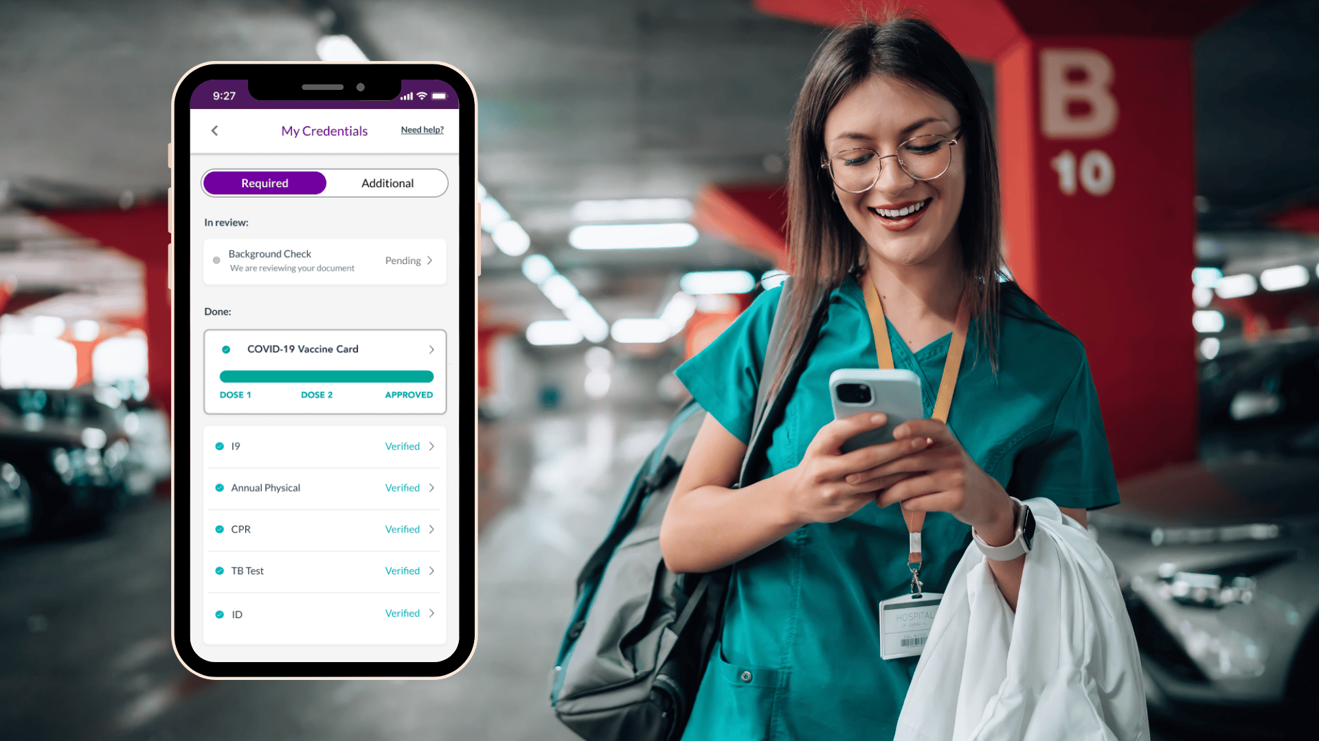 A nurse looking at her phone in a hospital parking garage and a view of the ShiftMed app's My Credentials screen that enables clinicians to upload and track their credentials.