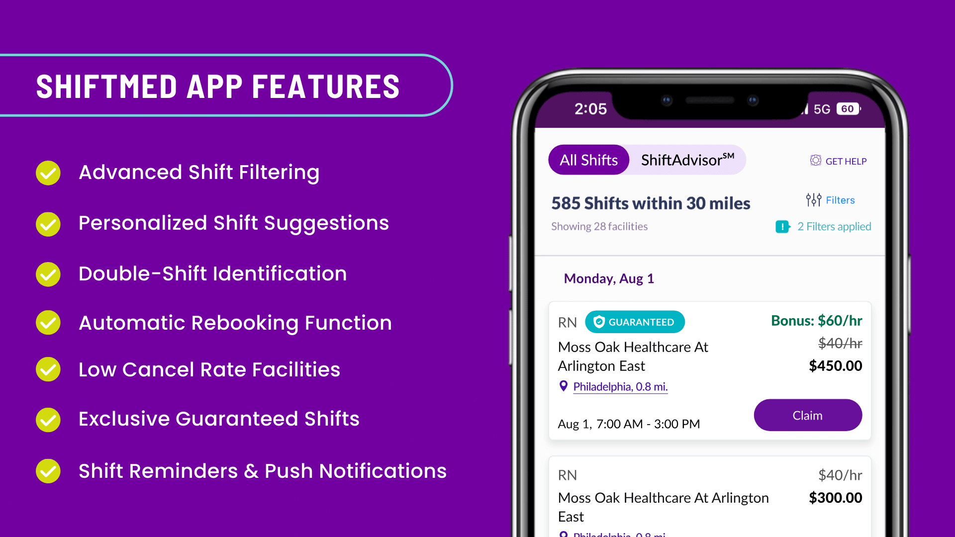 The ShiftMed app with a list of its various features.