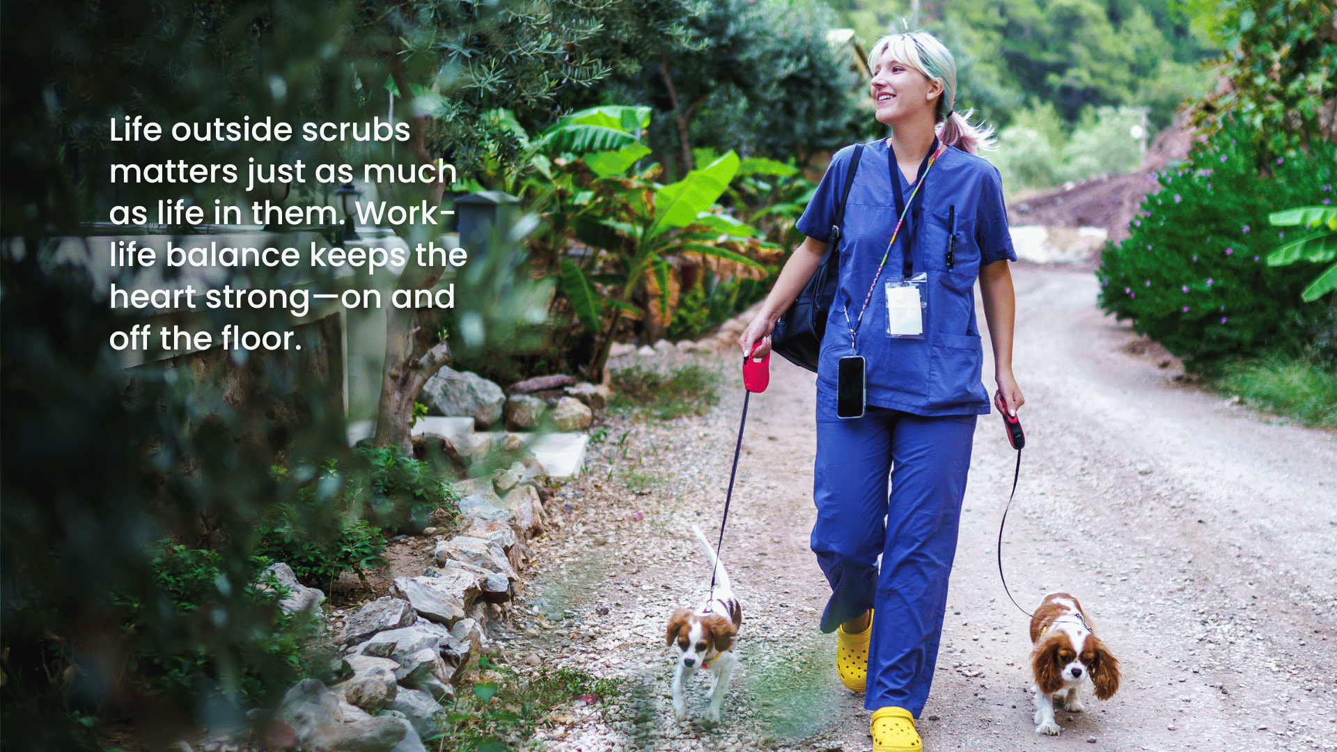 A nurse takes her dogs for a walk after a long shift to reiterate the importance of work-life balance in preventing burnout. 