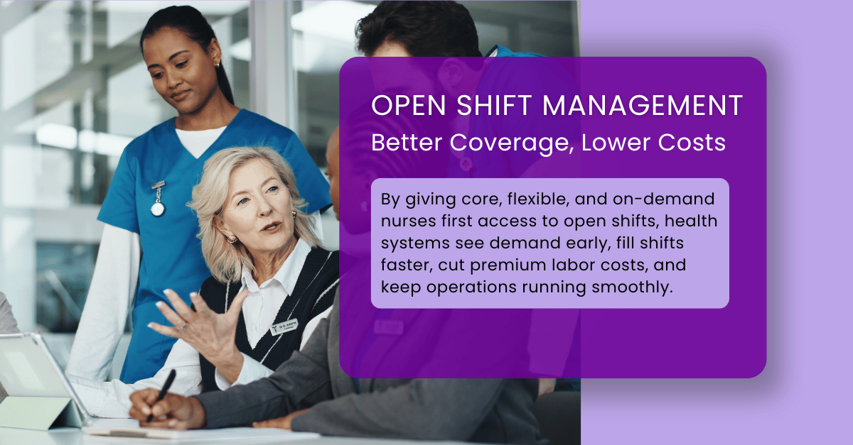 Chief Nursing Officer meeting with nursing supervisor and bedside nurses to discuss patient care and shift scheduling.