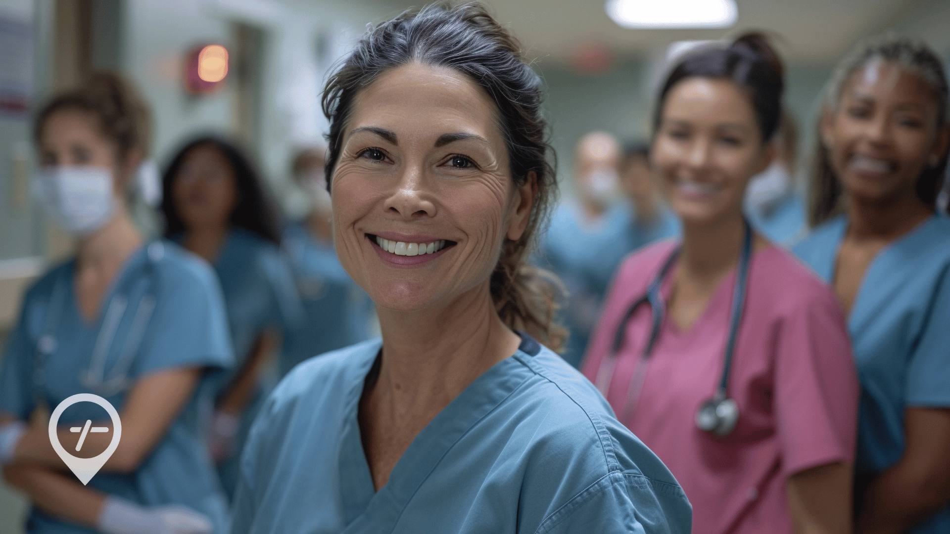 Female-dominated nursing staff with veteran nurse in front