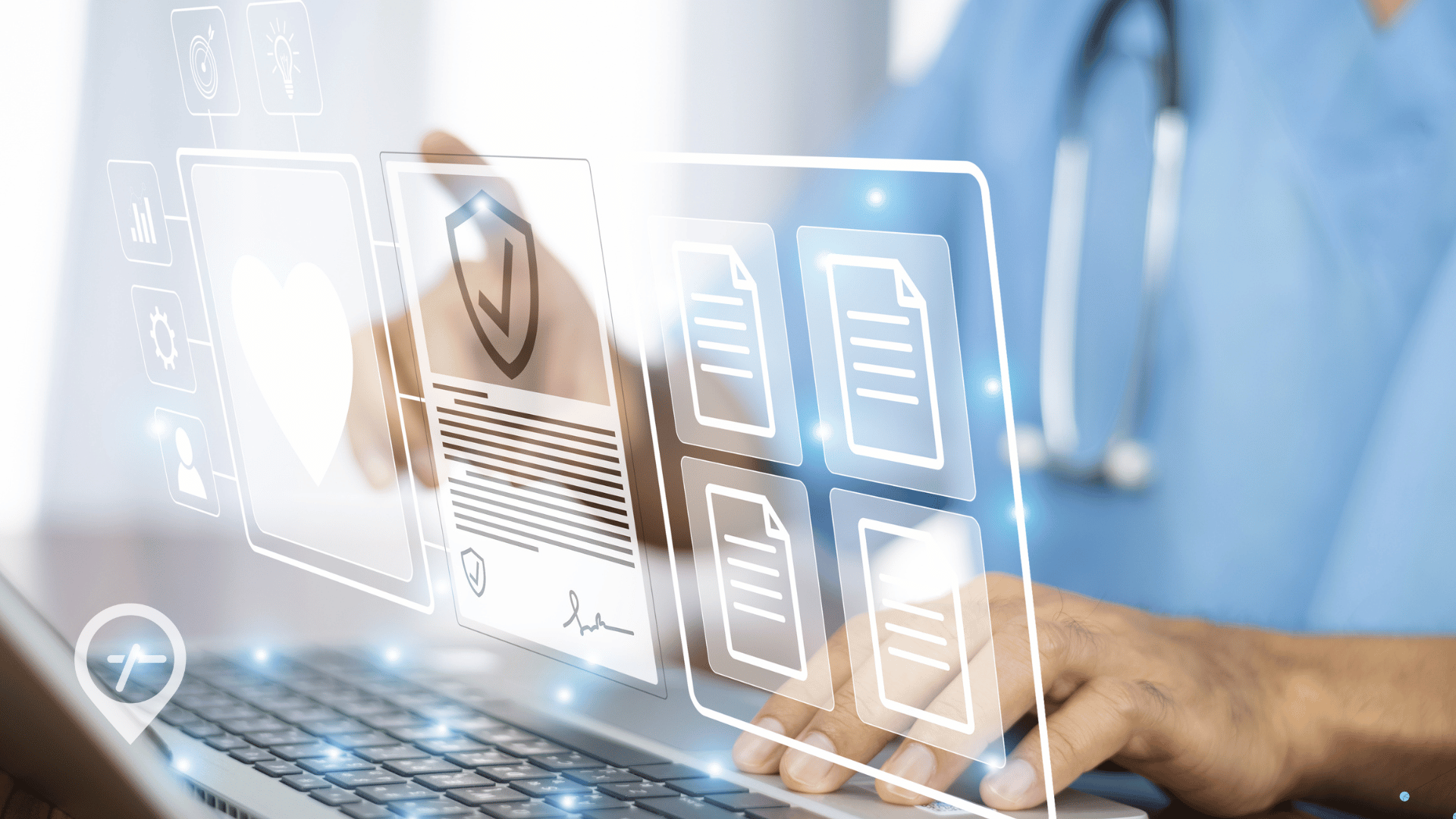 A clinician works on a laptop with a technology-based graphic overlay to represent position control in healthcare staffing.