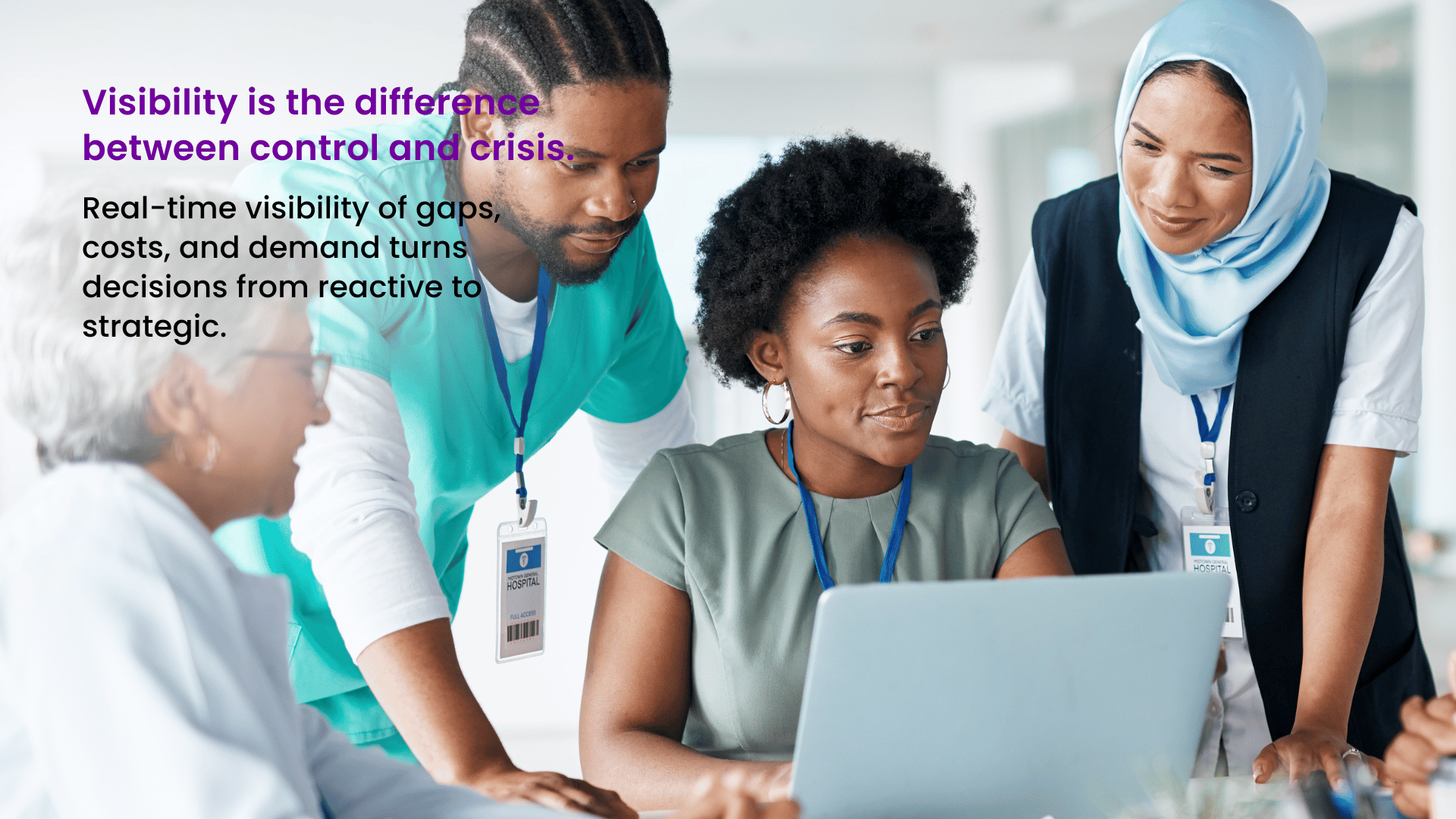 Hospital nursing leaders reviewing real-time workforce analytics to support operational planning.