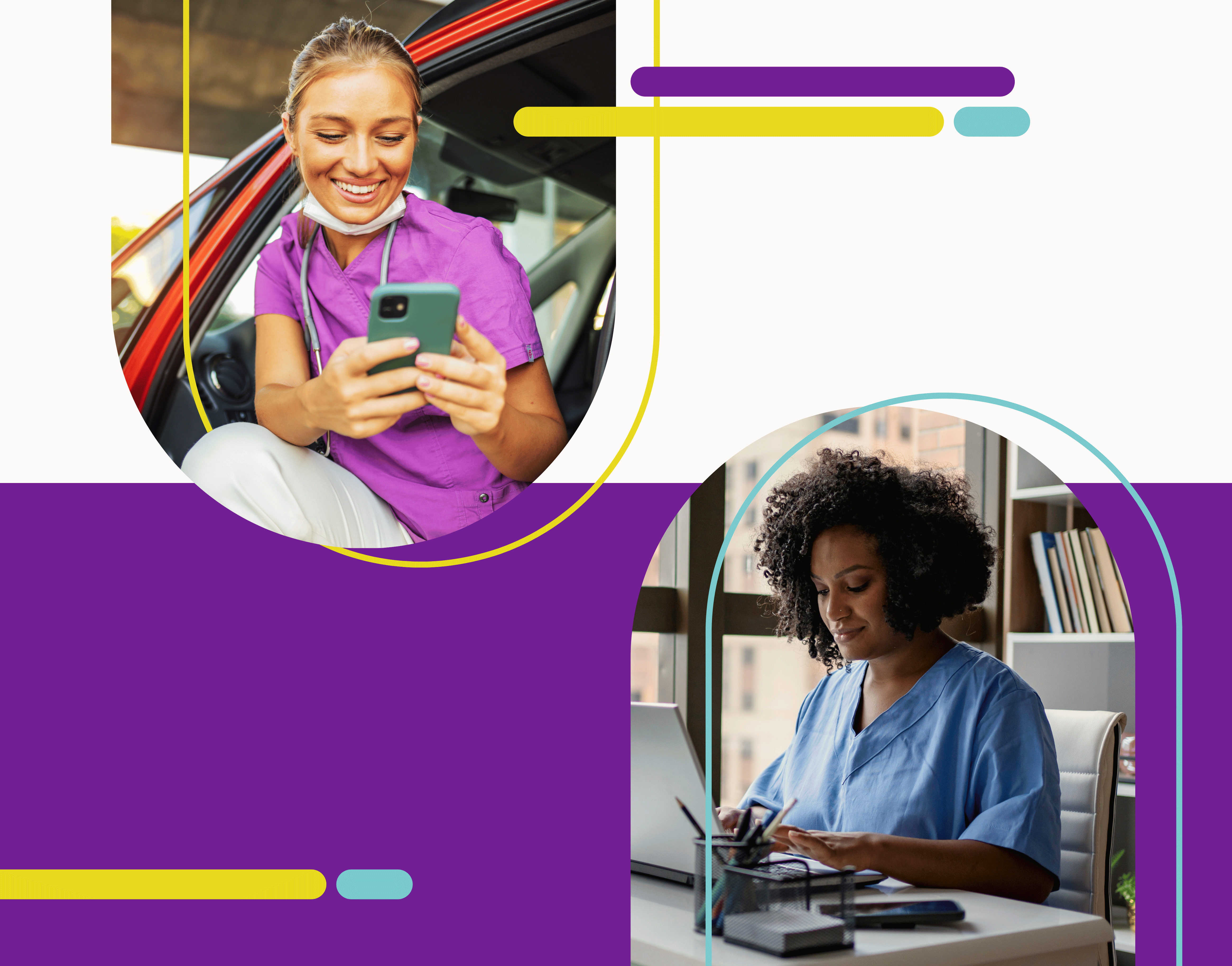 A thumbnail image of an eBook cover featuring a nurse looking at her mobile phone and a nurse sitting at a desk looking at her computer screen. 