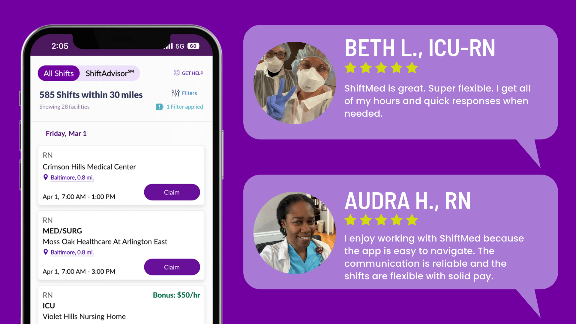 RNs discussing why ShiftMed is one of the best nursing jobs apps for flexible RN shifts.