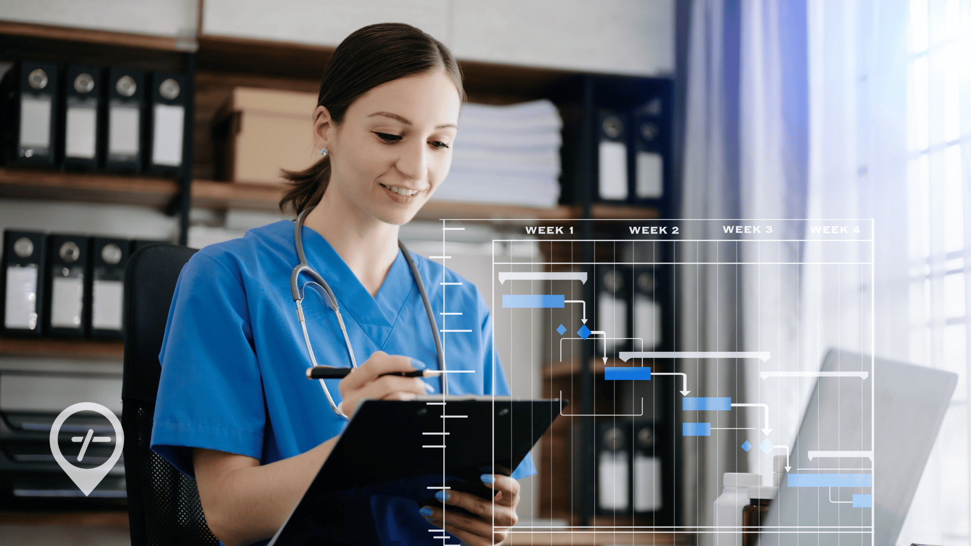 A nurse stands in her office looking at ways to optimize her health system's float pool.