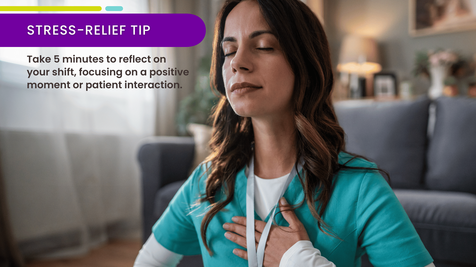 A nurse takes a moment of mindful reflection to decompress and recover after a long shift.