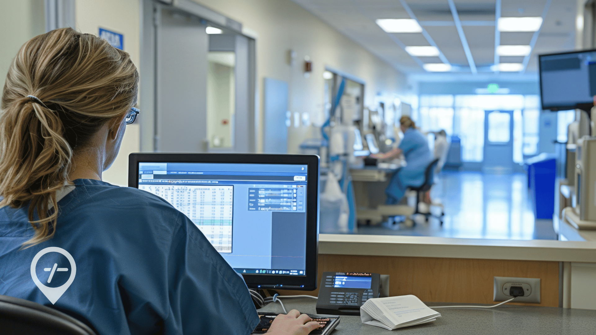Nurse at a hospital nurses station looking down the hallway, illustrating healthcare recruitment challenges and staffing pressures.