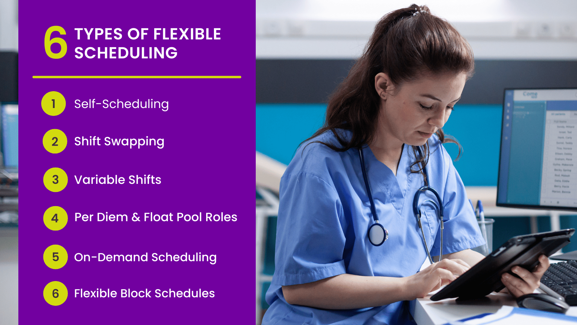 A nurse sits at a desk looking at her tablet. A graphic overly features six types of flexible scheduling: self-scheduling, shift swapping, variable shifts, per diem and float pool roles, on-demand scheduling, and flexible block schedules. 