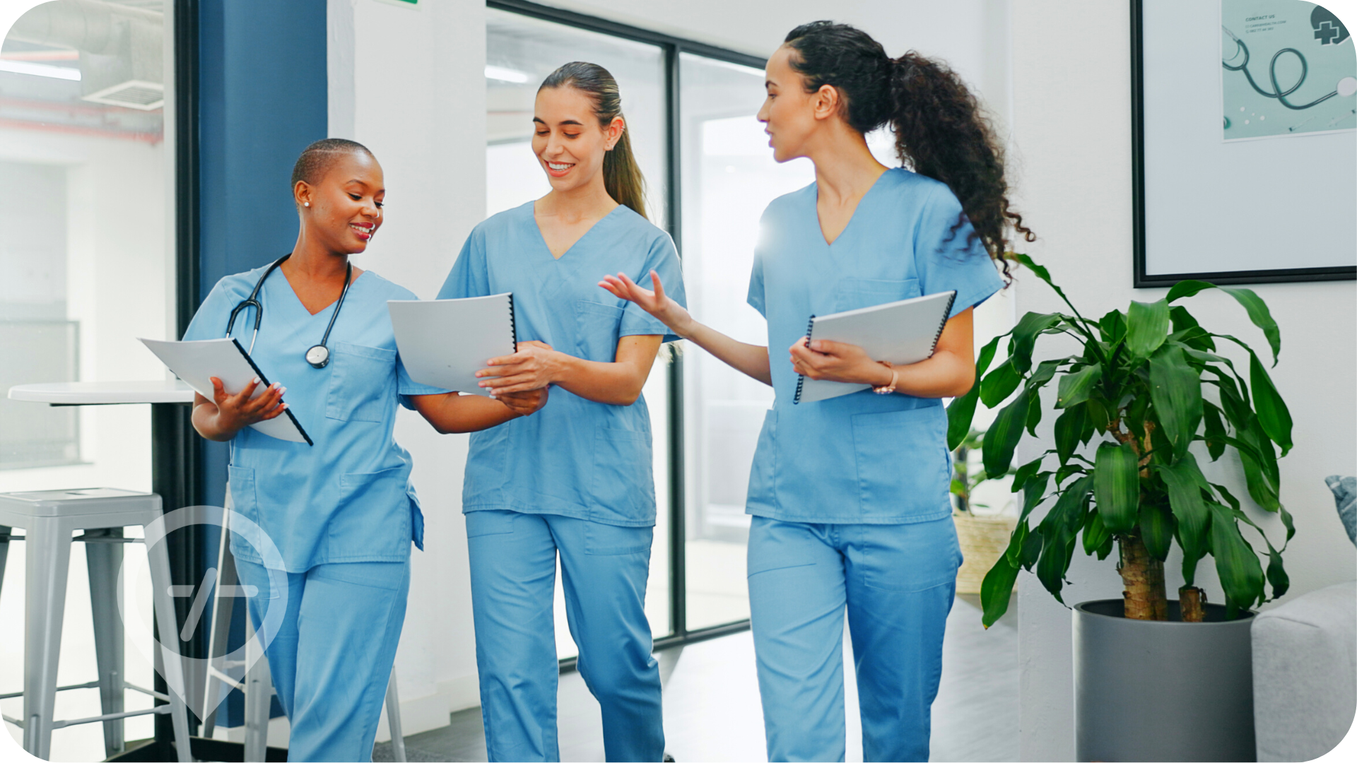 Reliable nursing staff walking through hospital