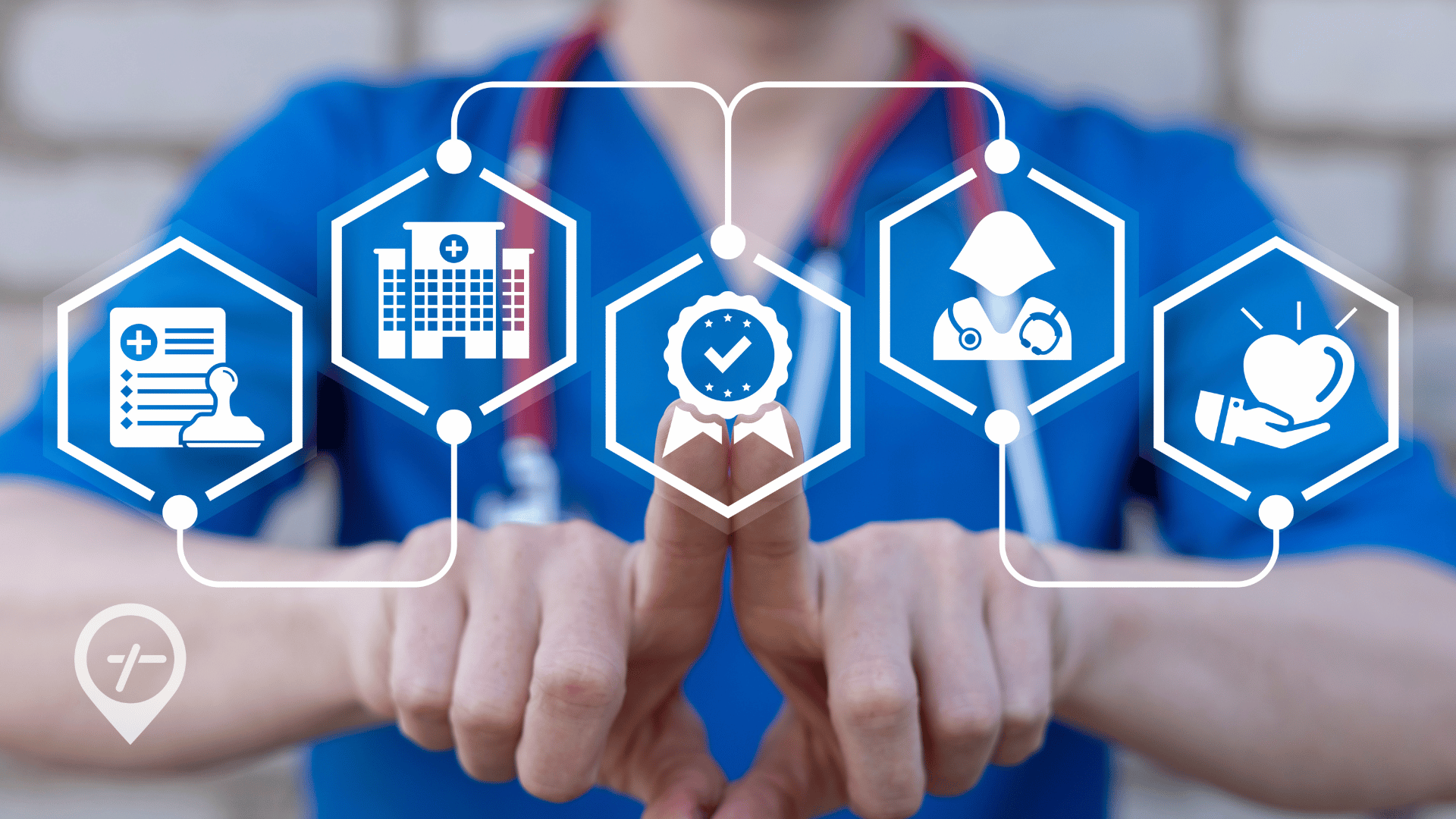 An image of a nurse in the background with credential and technology graphics at the forefront to represent the automated credentialing process.