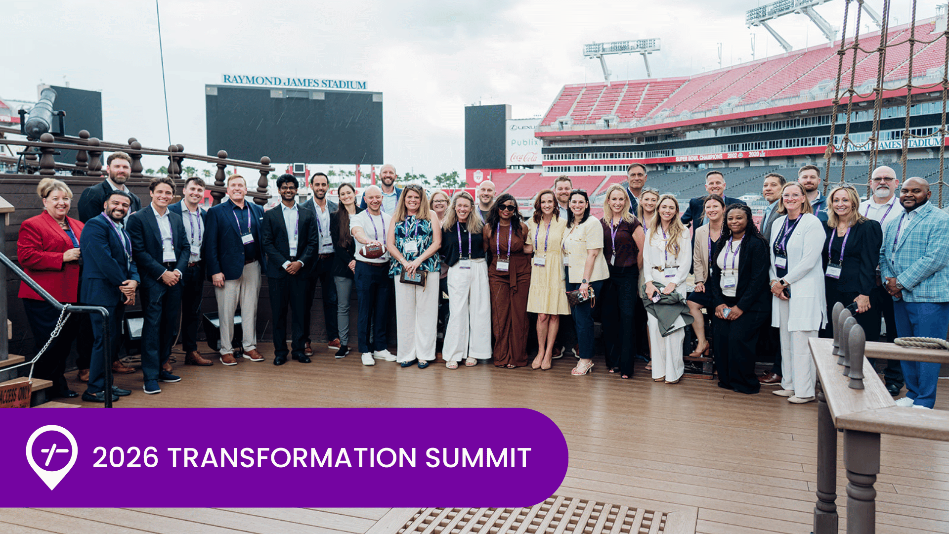 Group photo from the 2026 Transformation Summit powered by ShiftMed at Raymond James Stadium highlighting healthcare leaders discussing how evolving workforce challenges are driving health systems to rethink staffing, operations, and core workforce strategy.