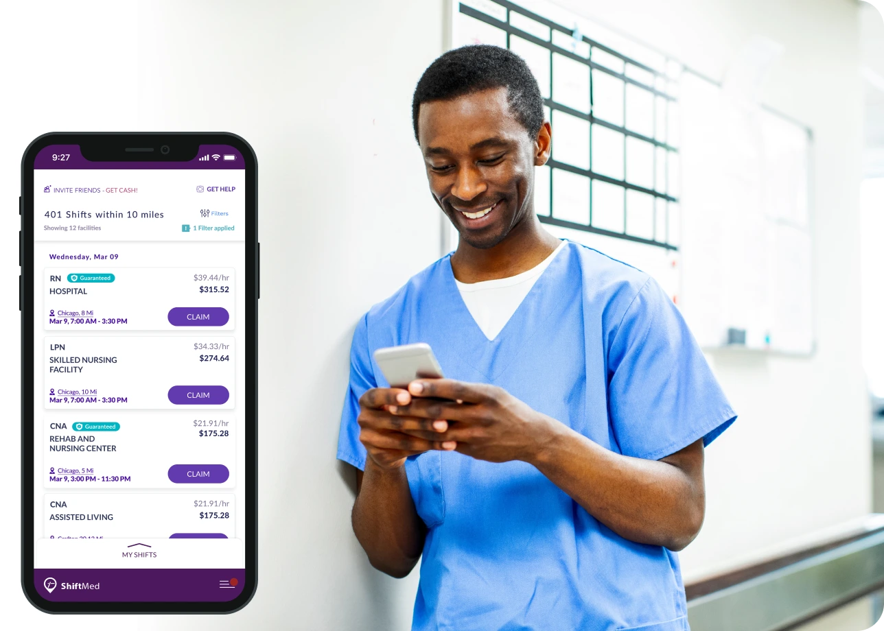 male nurse leaning against wall claiming a shift on the ShiftMed app