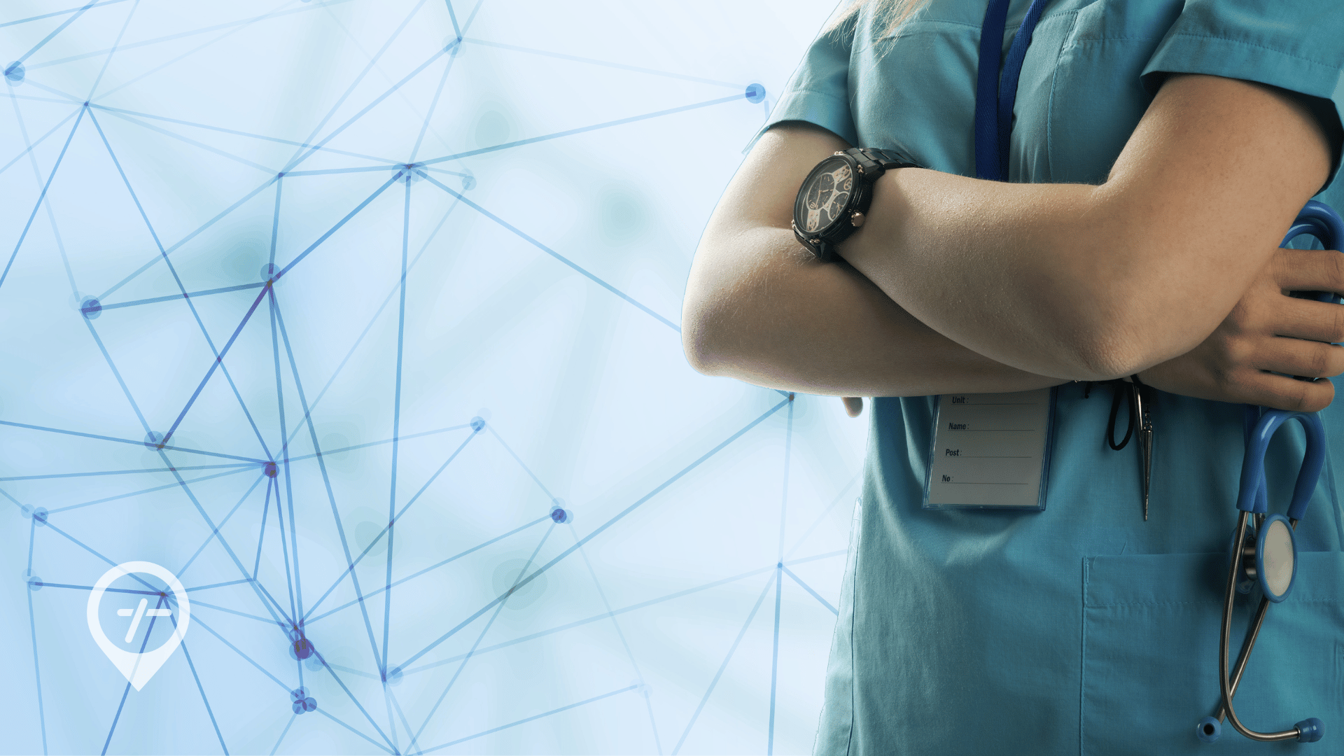 An image of a nurse positioned on a technology-themed background helps depict AI as a transformative force in redefining administrative tasks for healthcare professionals.