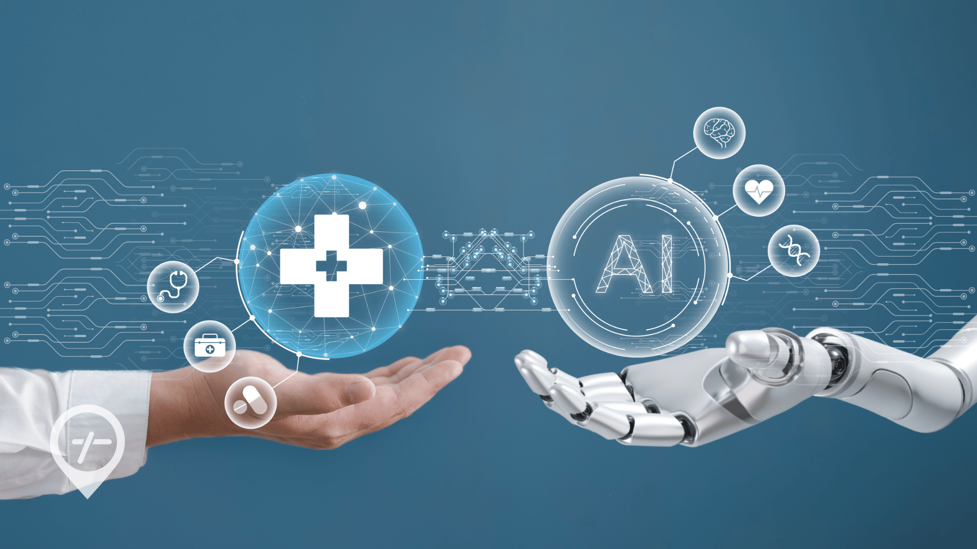 An image of a hospital administrator's hand almost touching a a robot's hand, representing the profound impact of using AI in healthcare administration.
