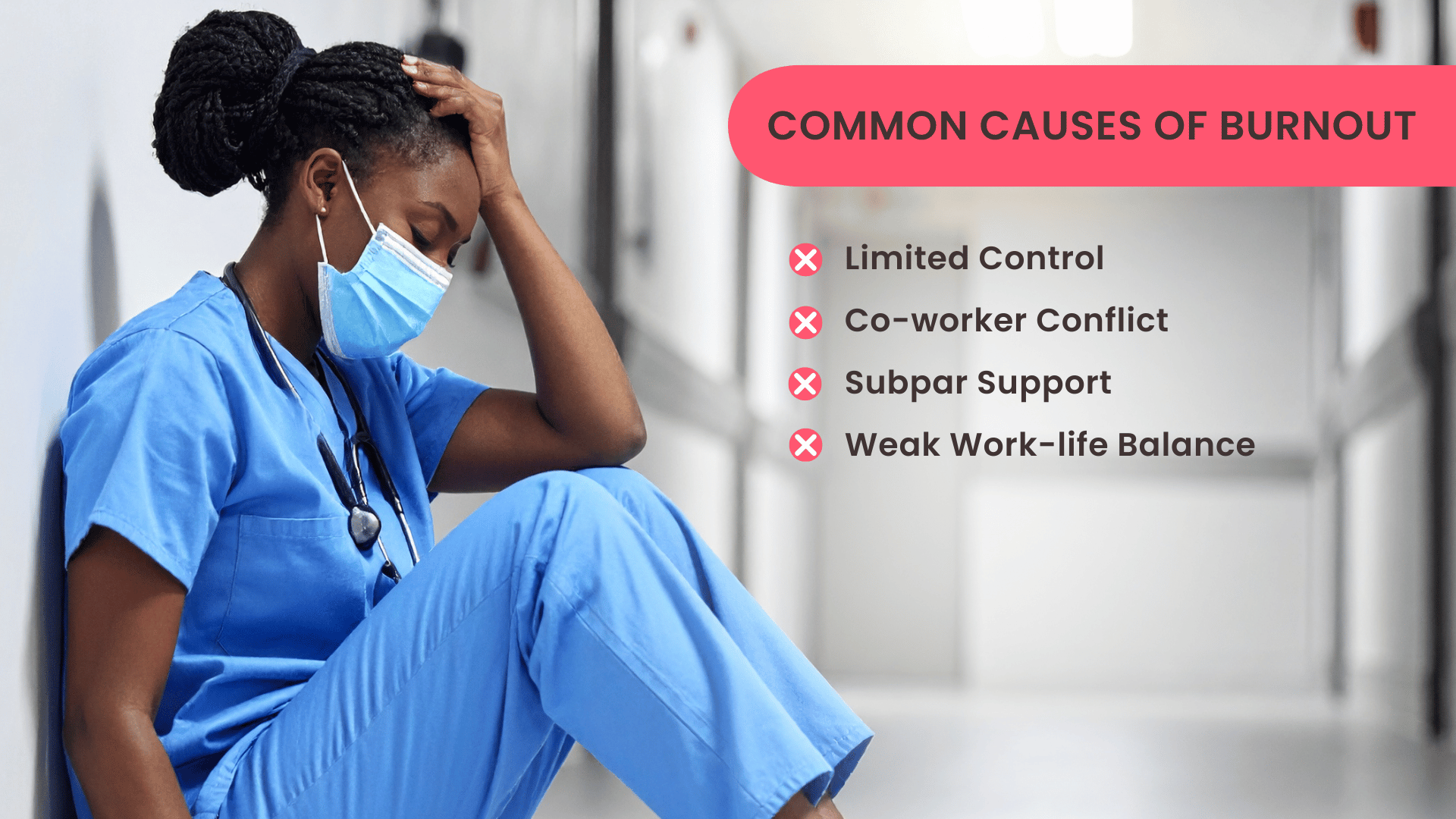 A stressed nurse sits in a hospital hallway with overlay text highlighting four common causes of nurse burnout: limited control, co-worker conflict, inadequate support, and poor work-life balance.