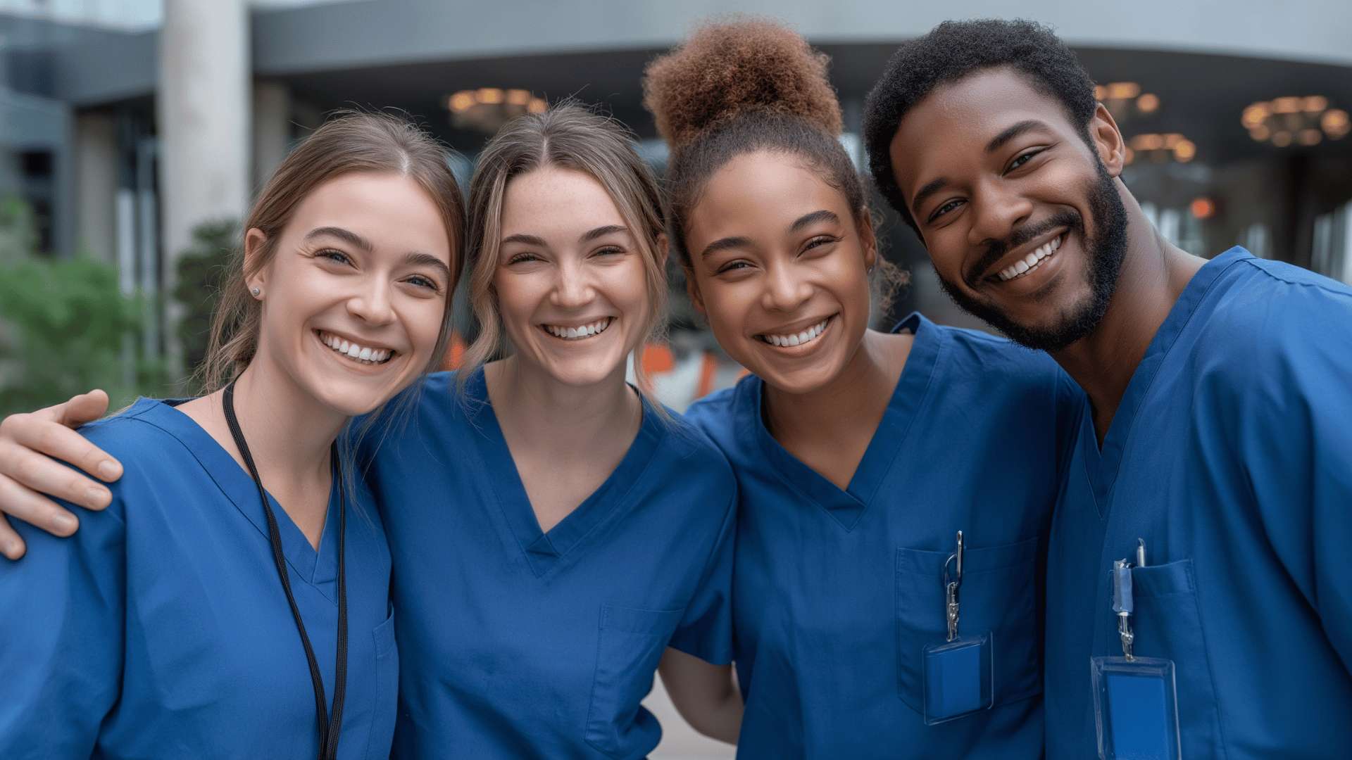 Group of nurses smiling in a hospital setting, representing positive workforce culture driven by fair nurse scheduling, balanced workloads, and improved staff satisfaction.
