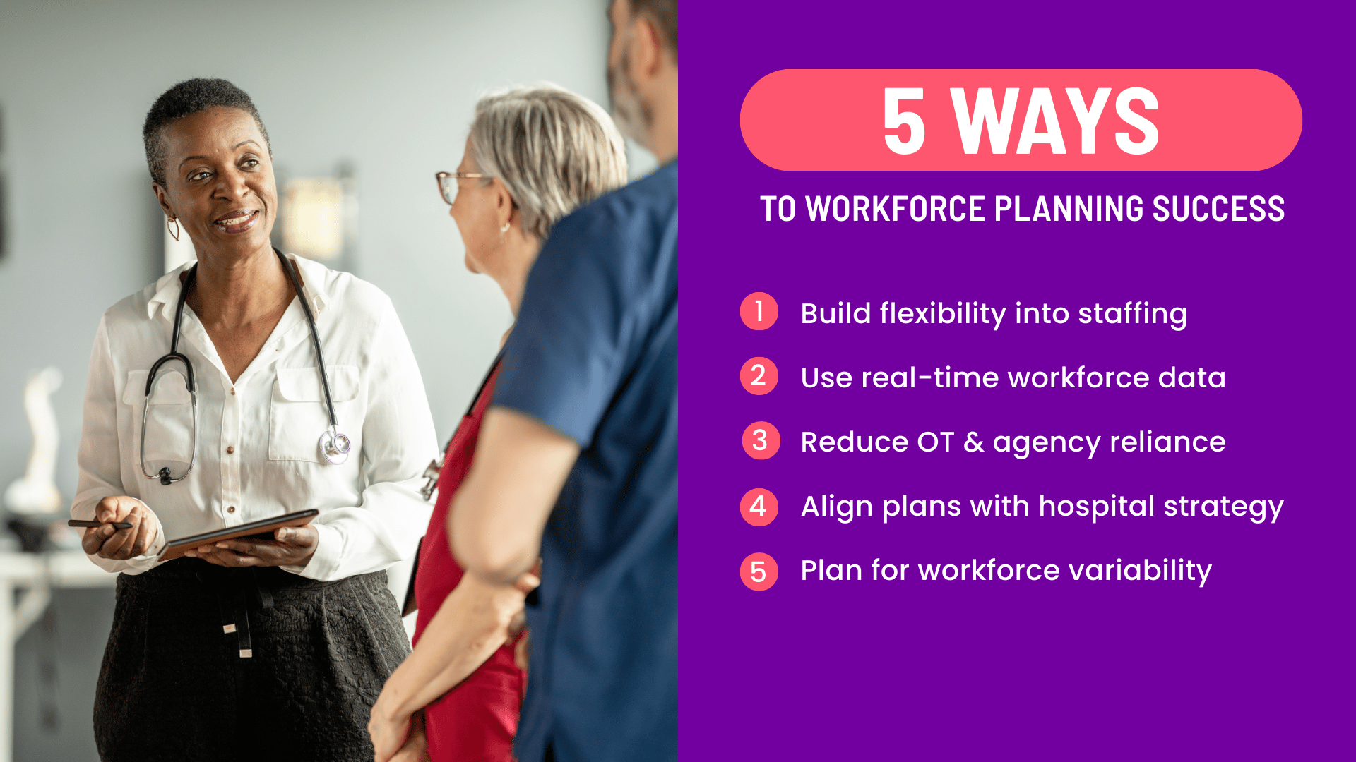 A Chief Nursing Officer speaking with her team while text lists five ways to ensure successful healthcare workforce planning.