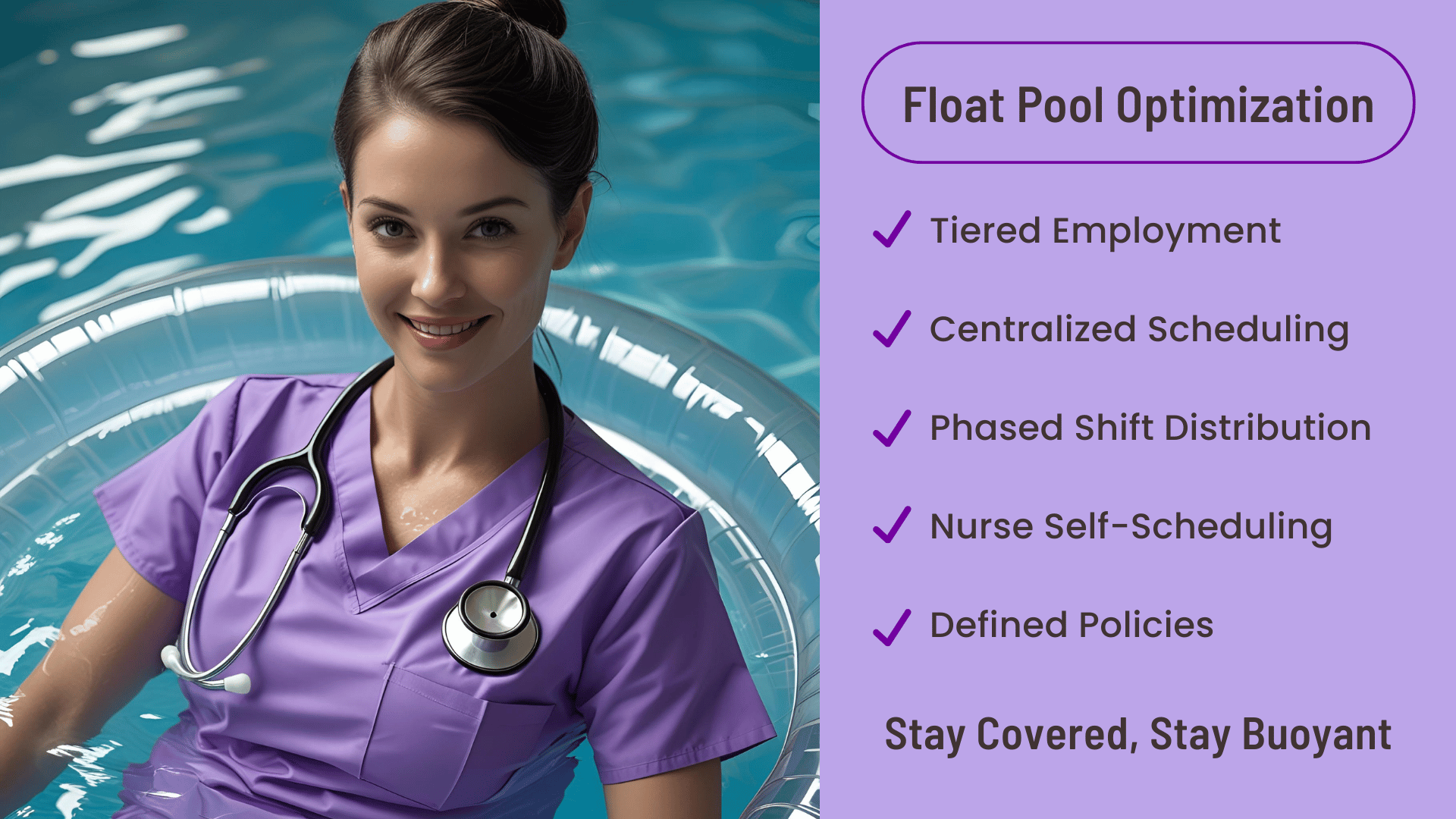 A image of a nurse on a pool float next to text that lists float pool optimization strategies for staying buoyant.