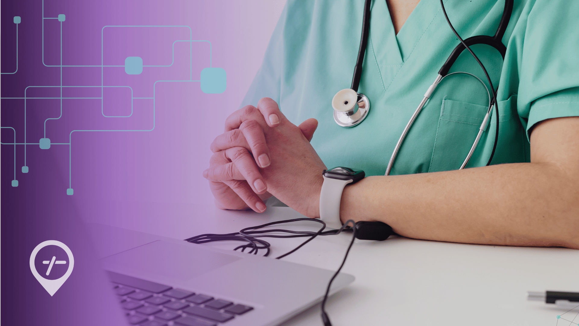 An image of a nurse sitting at a desk with a technology overlay to represent interoperability in healthcare staffing.