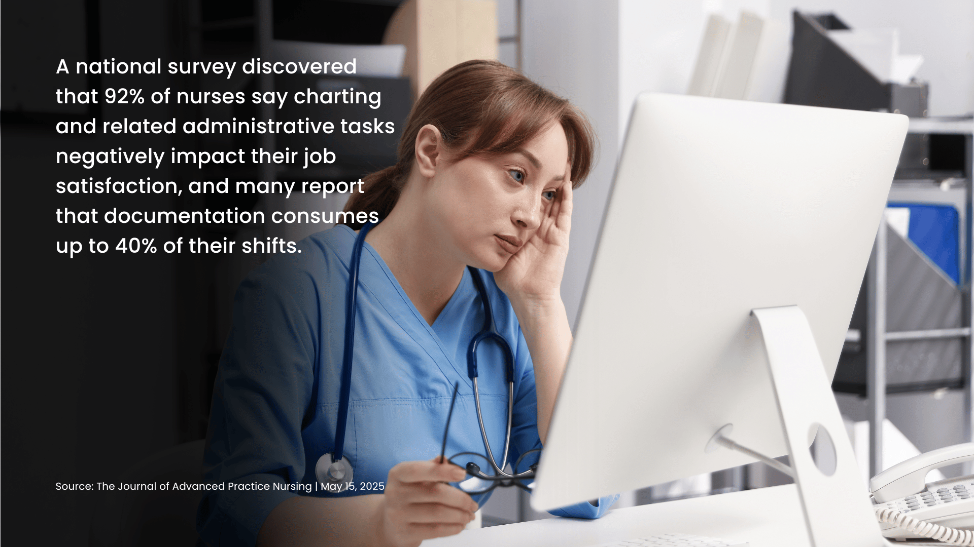 An overwhelmed nurse at a desk, highlighting how documentation and charting consume a large portion of nurses’ time and impact job satisfaction.