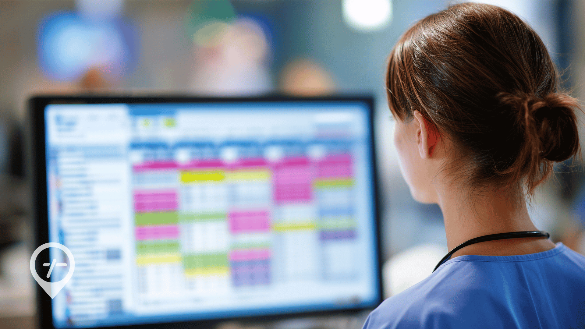 Nurse checking digital shift schedule in hospital workforce management system.