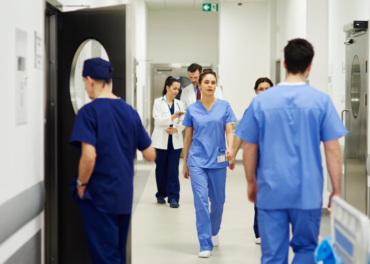 healthcare professionals in hallway