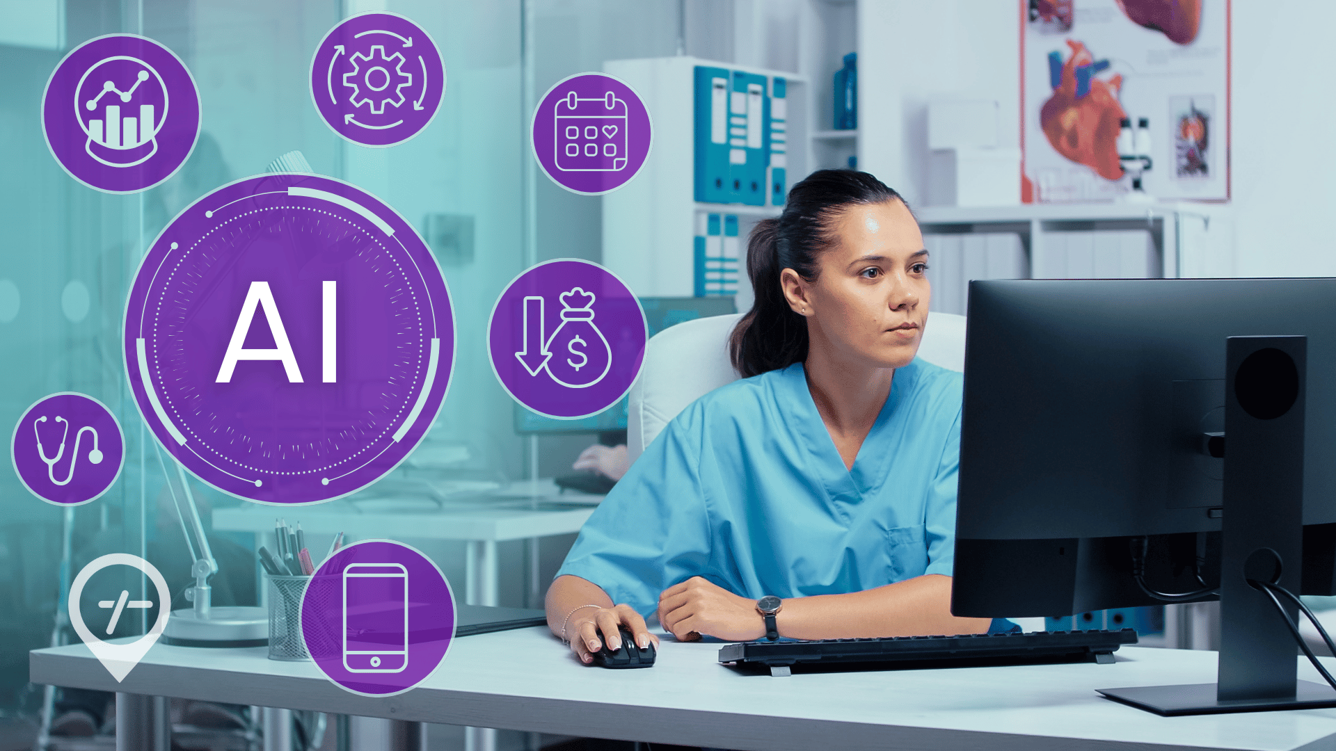 A clinician works on nurse scheduling at her computer with AI-related icon bubbles surrounding her.