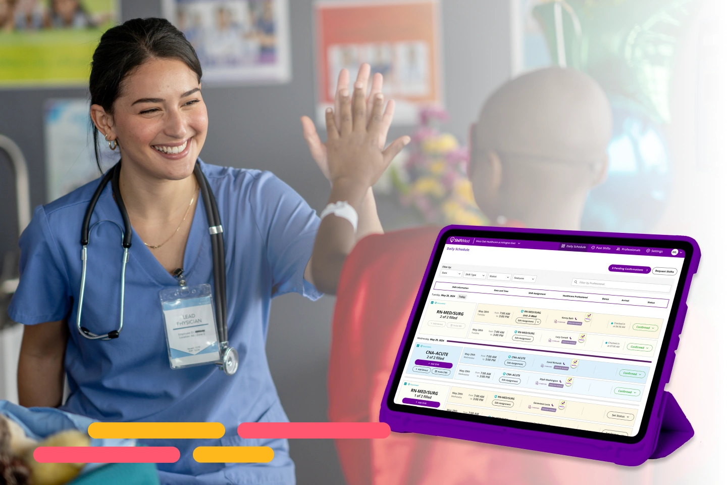 Healthcare worker kneeling to talk to a child in the waiting room.