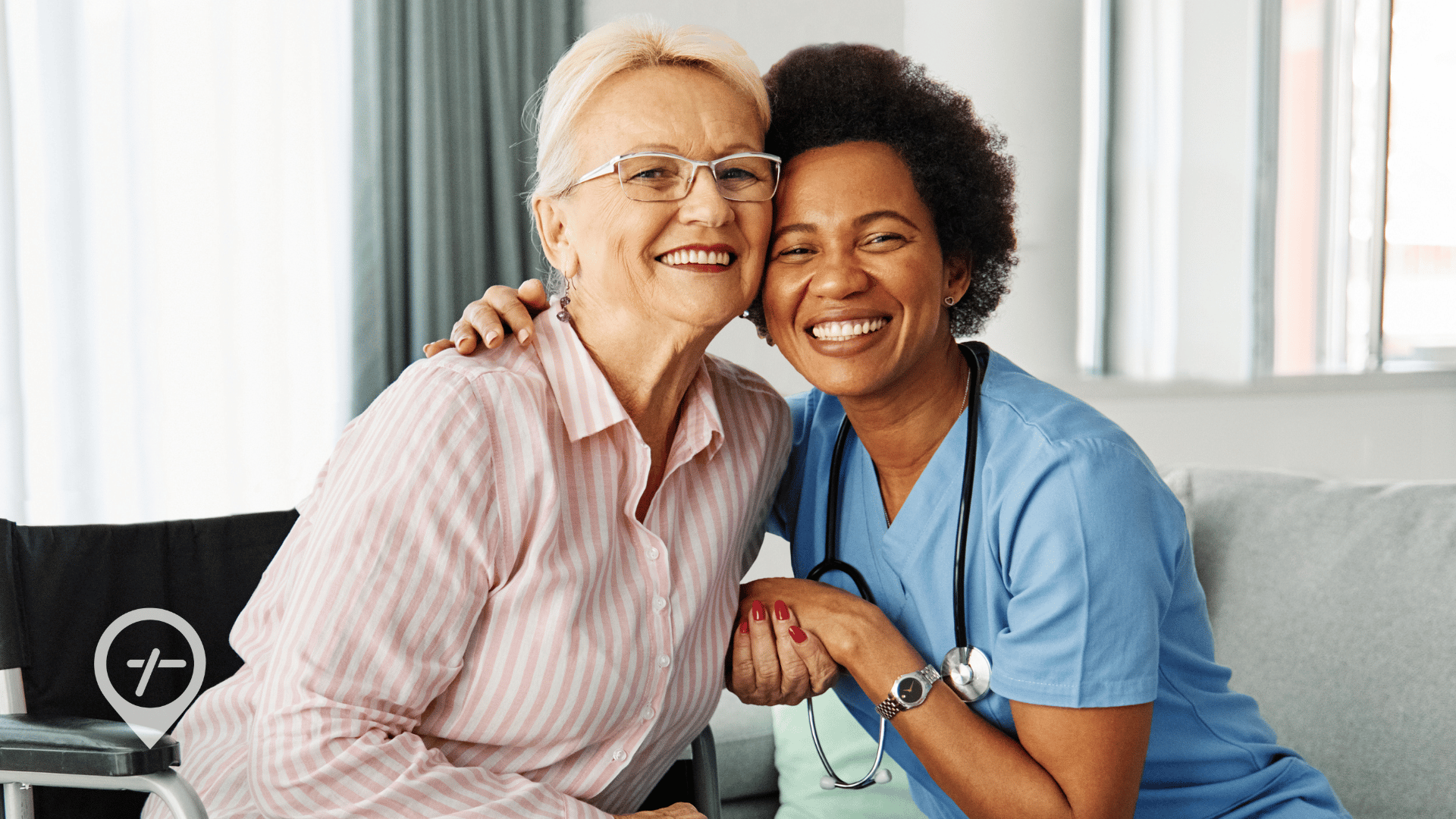 An image of a certified nursing assistant (CNA) hugging a patient inside a nursing home. 
