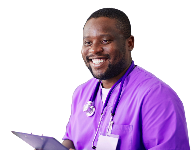 Male African American nurse with clipboard.