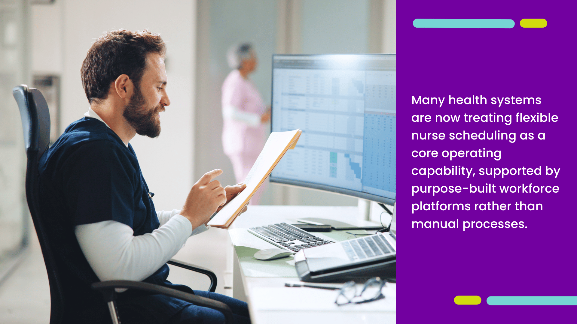Nurse working at a hospital nurse station during a scheduled shift in a healthcare setting.