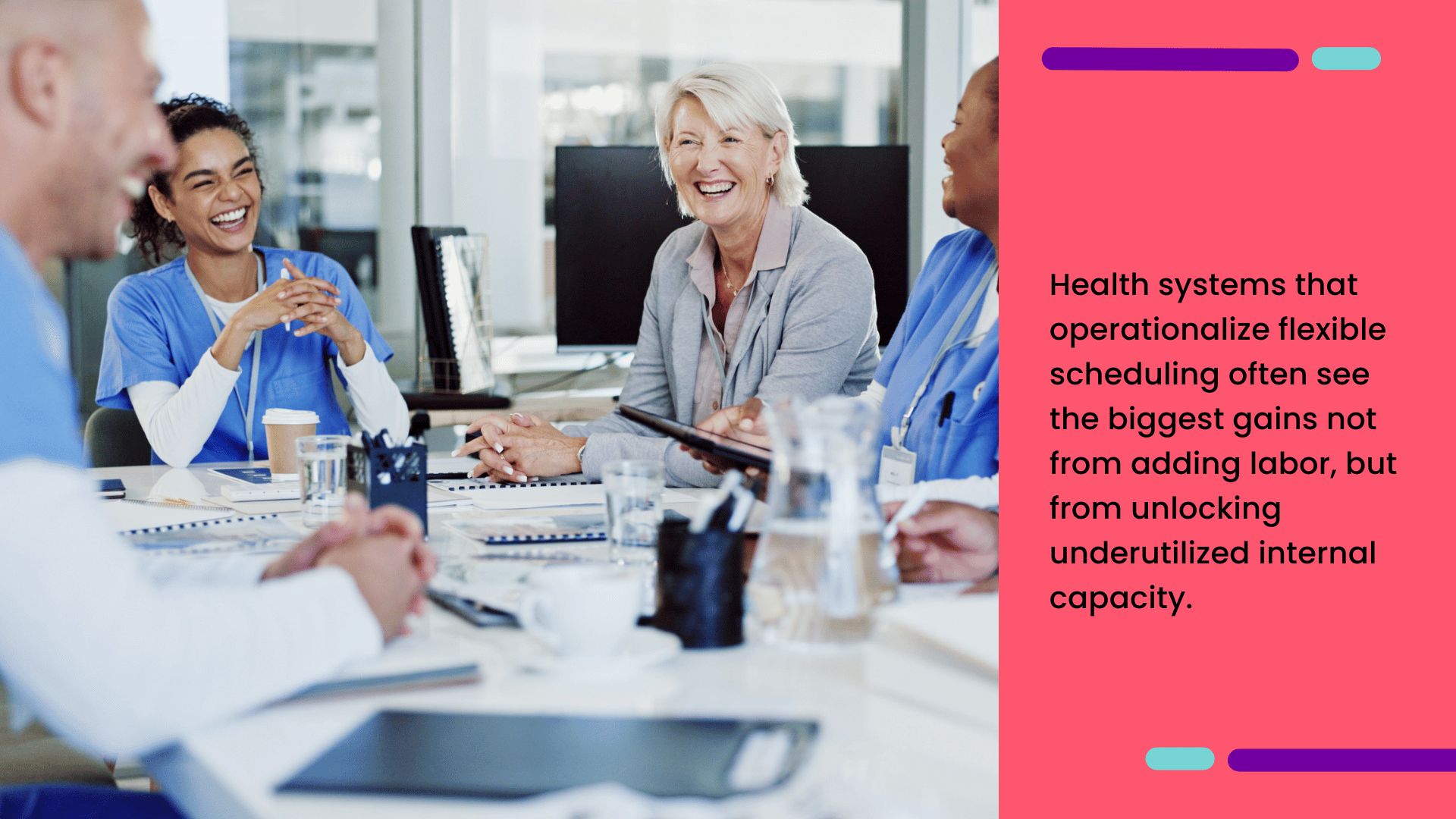 Chief nursing officer meeting with nurses to align flexible nurse scheduling and internal workforce capacity.