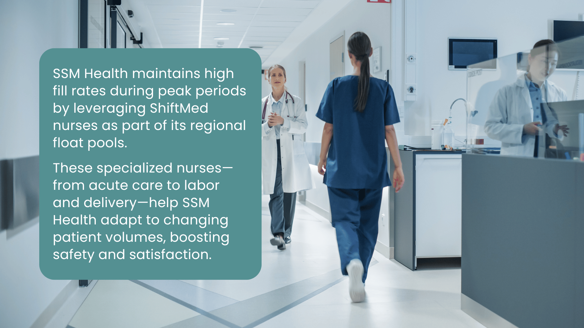 Hospital nurse walking by the nurses’ station, highlighting SSM Health’s use of ShiftMed on-demand nurses in regional float pools.