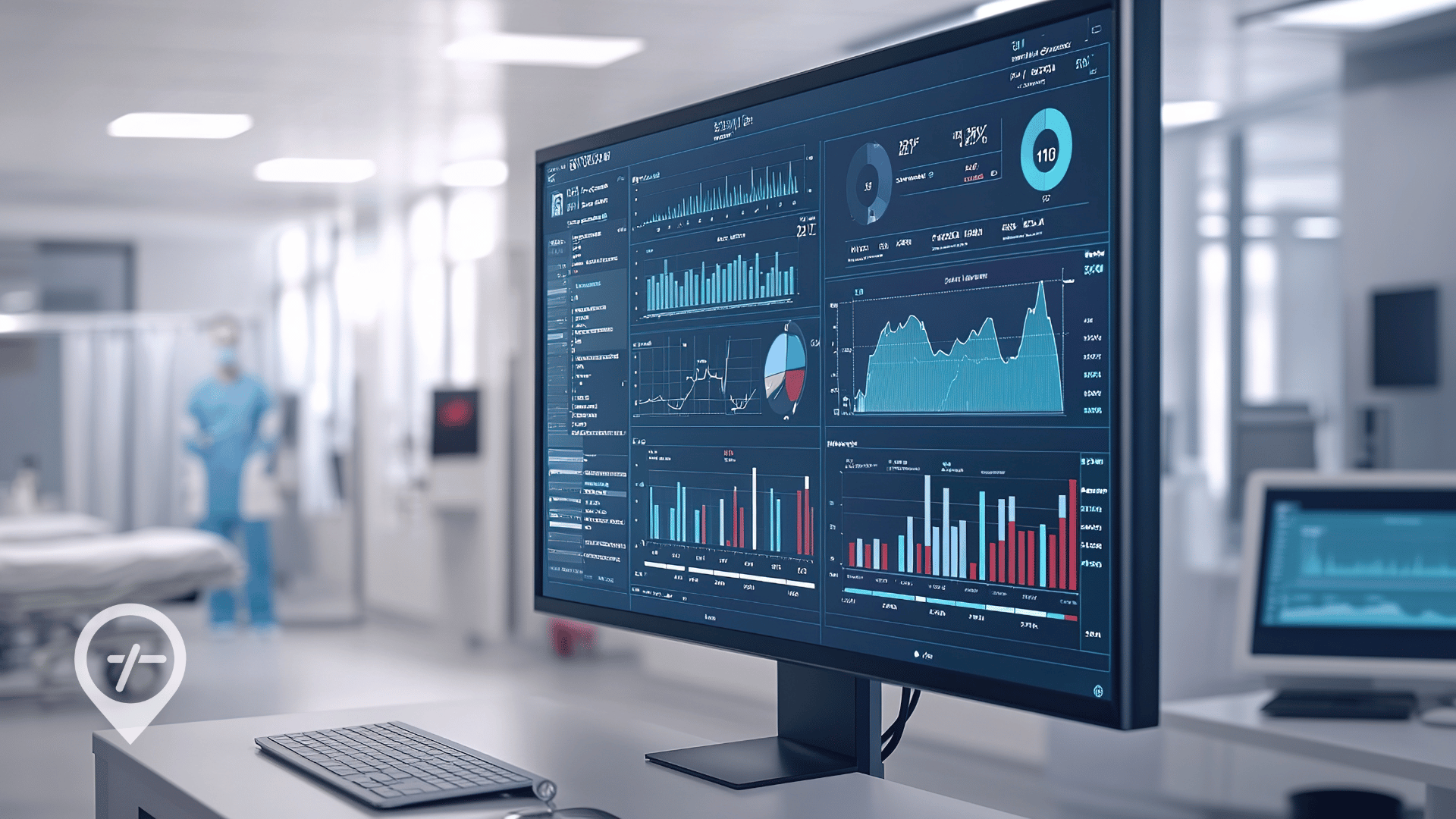 Hospital computer screen displaying nurse workforce analytics metrics, including overtime, missed breaks, and staffing coverage trends.