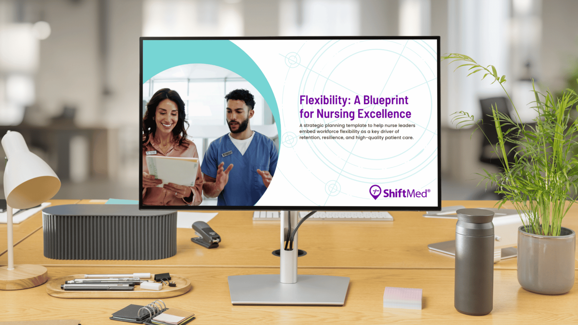 A nurse strategic plan template displays on a computer screen.