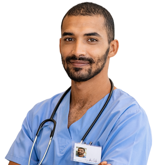 African American male registered nurse smiles at camera.