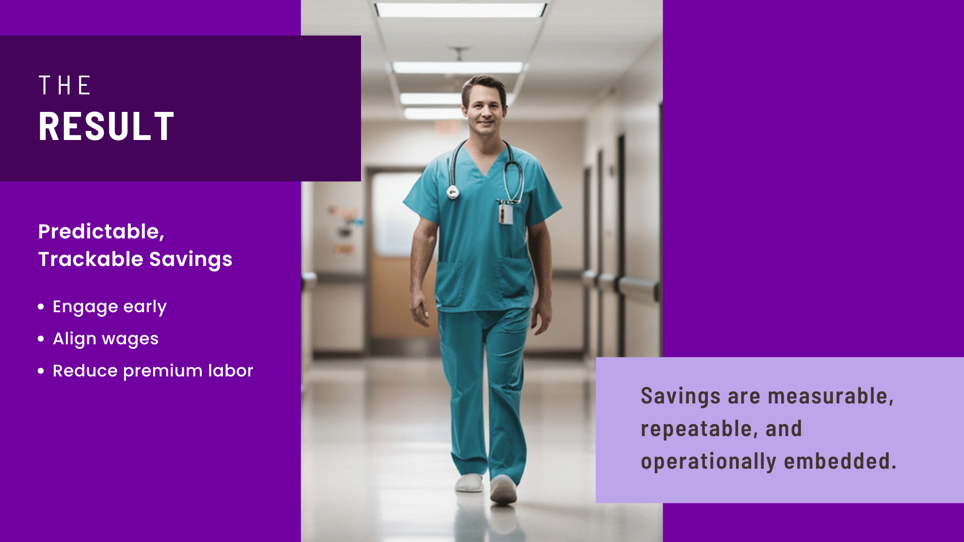 Hospital nurse walking in corridor with overlay text explaining predictable and trackable savings through proactive workforce planning and reduced premium labor.