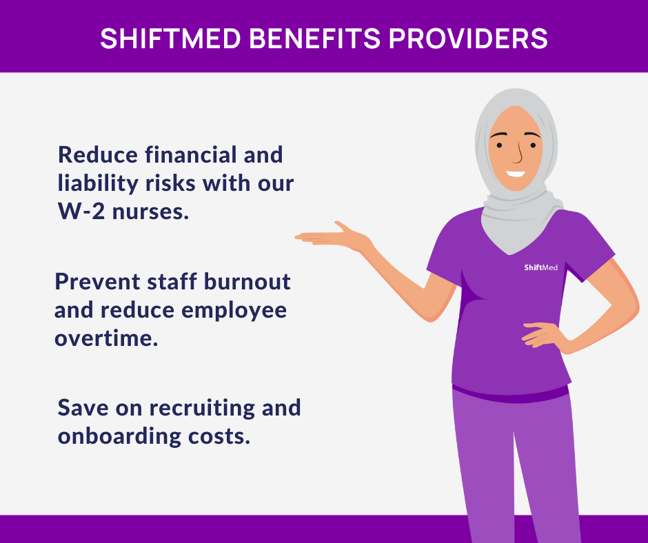 Nurse showcases how ShiftMed gives healthcare providers direct access to hundreds of local W-2 nurses—saving them on recruiting and onboarding costs and reducing employee overtime.