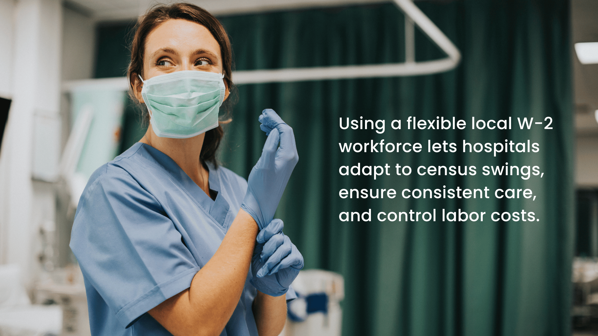 Nurse in mask and gloves caring for patients during a respiratory illness surge, highlighting the benefits of flexible local W-2 staffing over travel nurses to quickly adapt to hospital census changes.