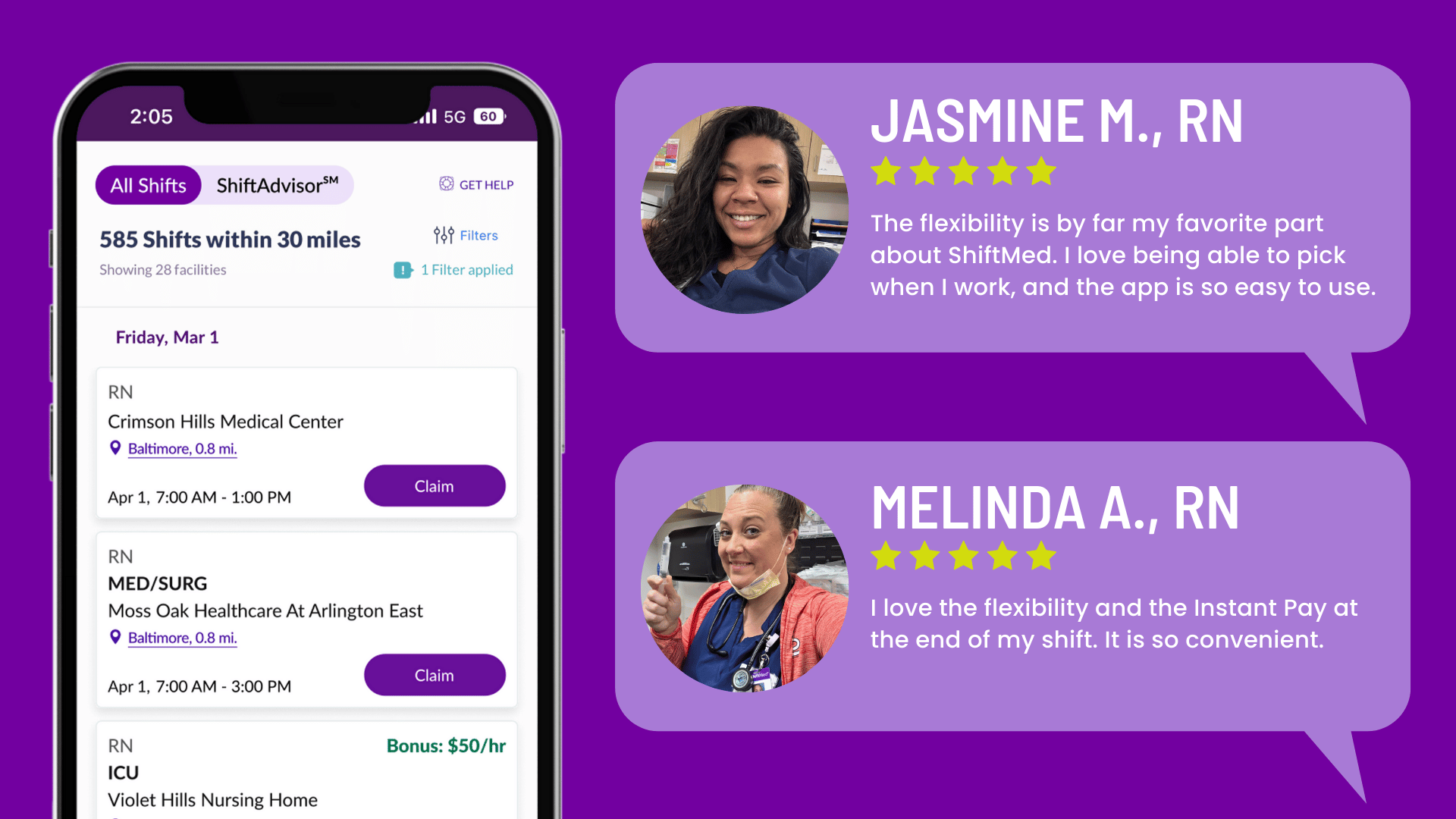 Registered nurses sharing their experience using the ShiftMed nursing jobs app.